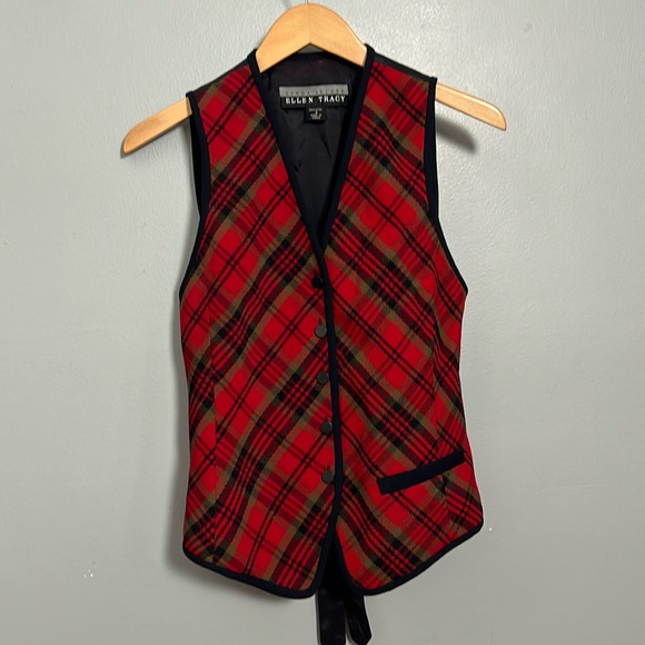 Linda Allard Ellen Tracy Plaid Vintage vest size 6 red, navy button down closure - Picture 2 of 14